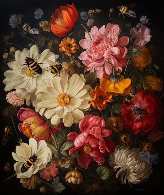 Há uma pintura de flores e abelhas em um fundo preto generativo ai