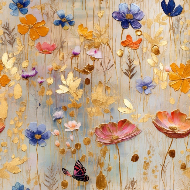 há uma pintura de flores e borboletas em uma parede generativa ai