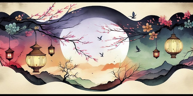 Há uma pintura de lanternas penduradas em uma árvore com pássaros voando em torno de ai generativo