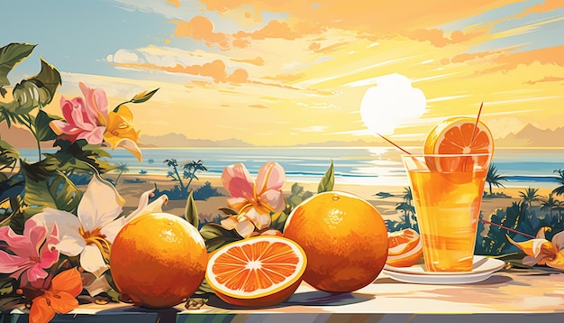 Há uma pintura de laranjas e um copo de suco em uma mesa AI Generative