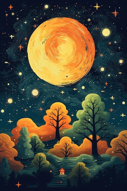 Há uma pintura de lua cheia e árvores na noite generativa ai