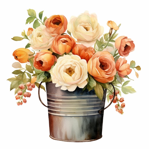 há uma pintura de um balde com flores ai generativa