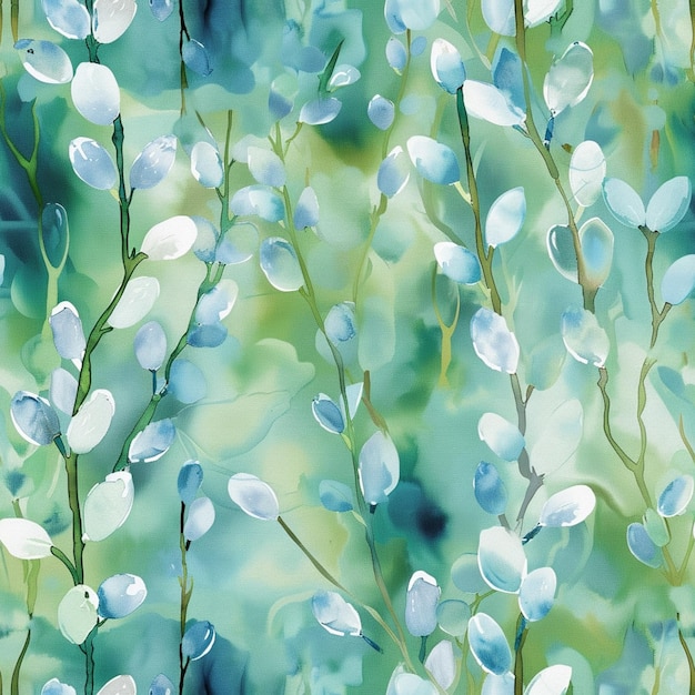 Há uma pintura de um bando de flores azuis em um fundo verde generativo ai