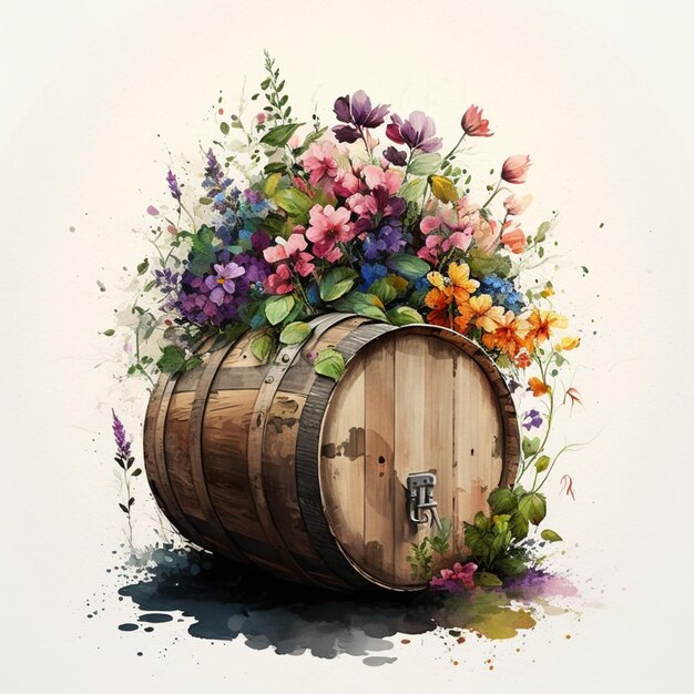 Foto há uma pintura de um barril com flores nele.