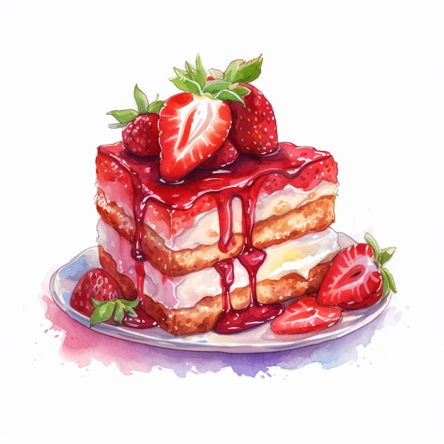 Há uma pintura de um bolo de morango com creme e morangos generativo ai