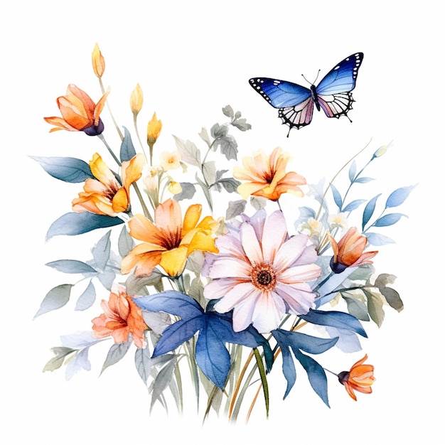 Há uma pintura de um buquê de flores com uma borboleta generativa ai