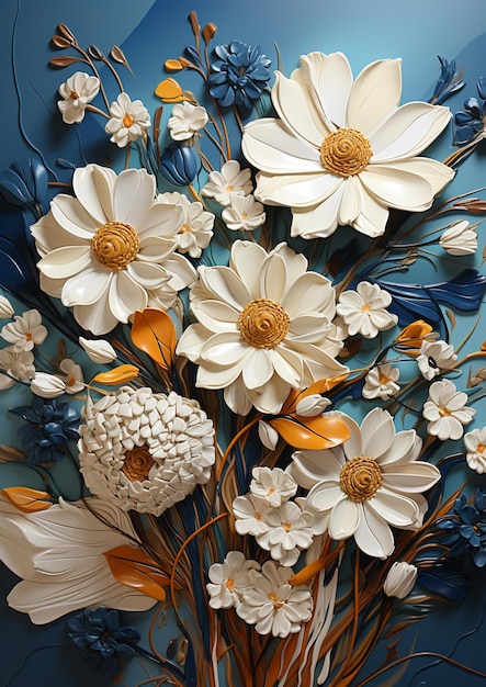 Há uma pintura de um buquê de flores em um fundo azul generativo ai