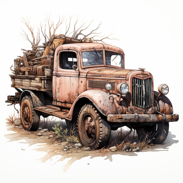 há uma pintura de um caminhão velho com uma árvore na traseira ai generativa