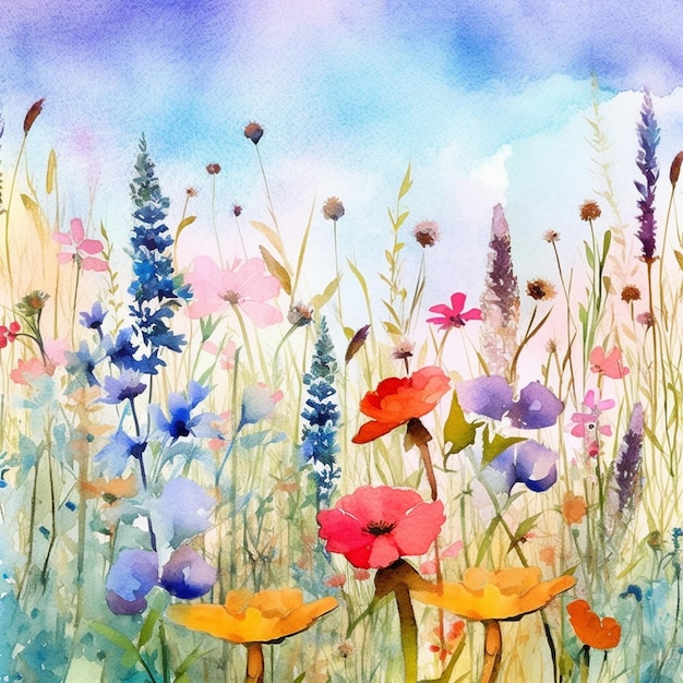 há uma pintura de um campo de flores com um fundo de céu generativo ai