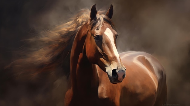 Há uma pintura de um cavalo com uma longa crina generativa ai