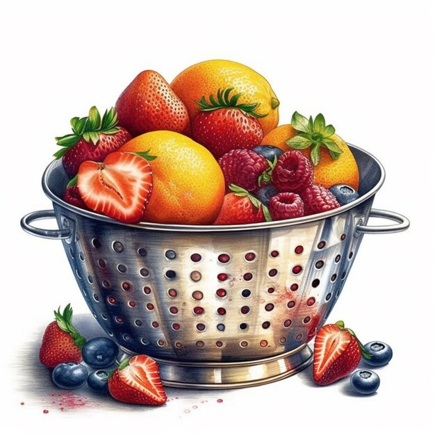 Há uma pintura de um colander cheio de frutas generativas ai