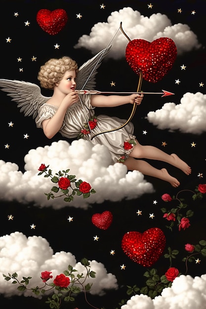 Há uma pintura de um Cupido com um arco e flecha no céu generativo ai