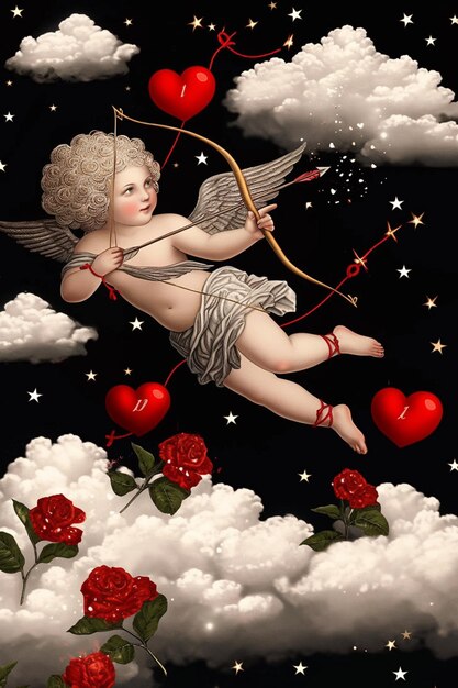 Foto há uma pintura de um cupido com um arco e flecha no céu generativo ai