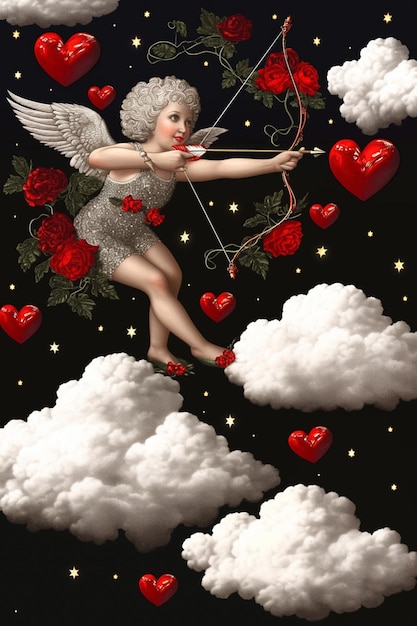 Há uma pintura de um Cupido com um arco e um coração generativo ai