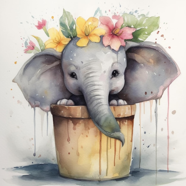 Há uma pintura de um elefante com flores em um balde generativo ai