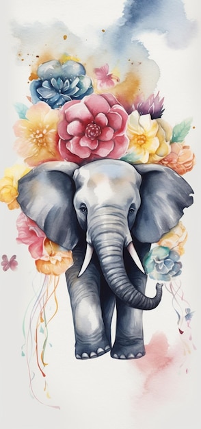 Há uma pintura de um elefante com flores na cabeça generativa ai