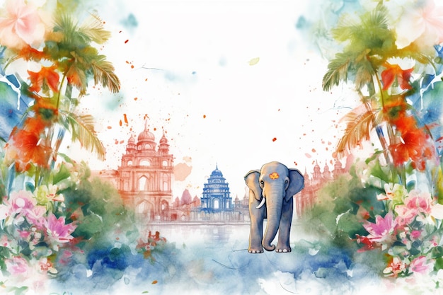 Há uma pintura de um elefante em um parque com flores generativas ai