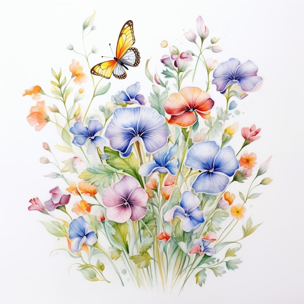 Há uma pintura de um feixe de flores com uma borboleta generativa ai