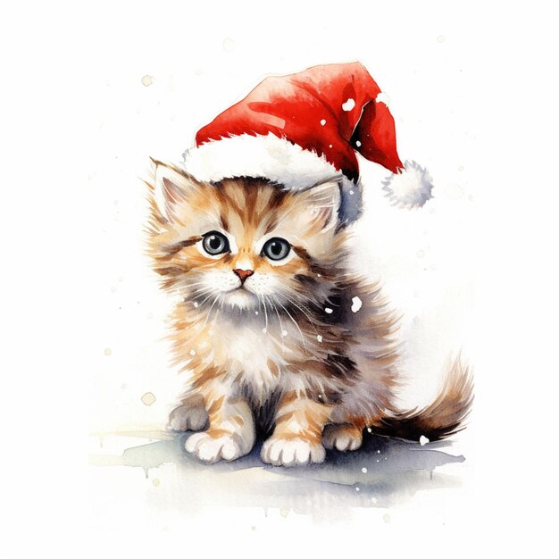 Há uma pintura de um gatinho usando um chapéu de Papai Noel generativo ai