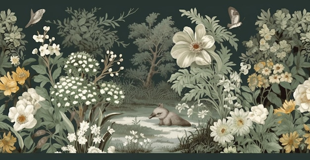 Há uma pintura de um gato num jardim com flores.