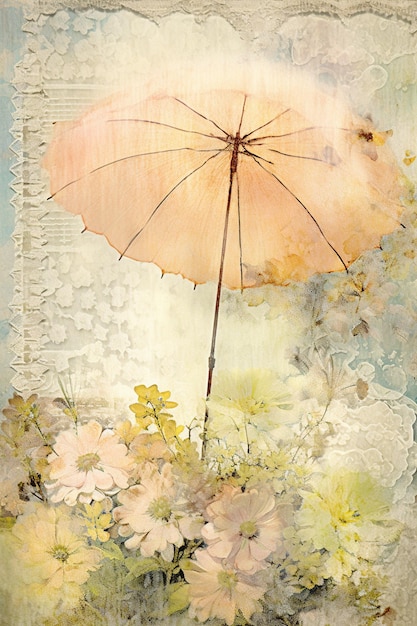 Há uma pintura de um guarda-chuva rosa e flores na grama generativa ai