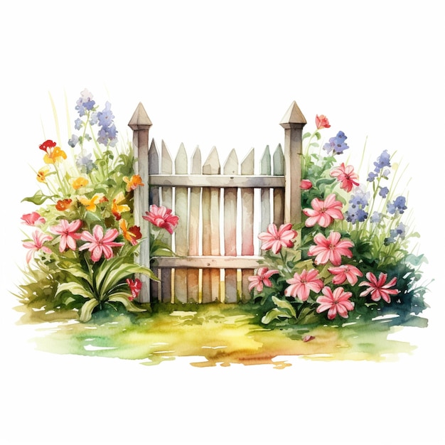 Há uma pintura de um jardim com cerca e flores generativas ai