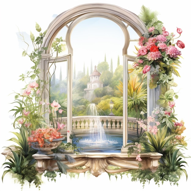 Há uma pintura de um jardim com uma fonte e flores generativa ai