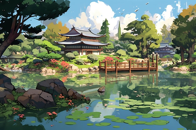 Há uma pintura de um jardim japonês com uma ponte generativa ai