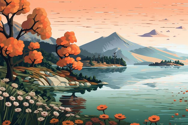 Há uma pintura de um lago com flores e árvores generativas ai
