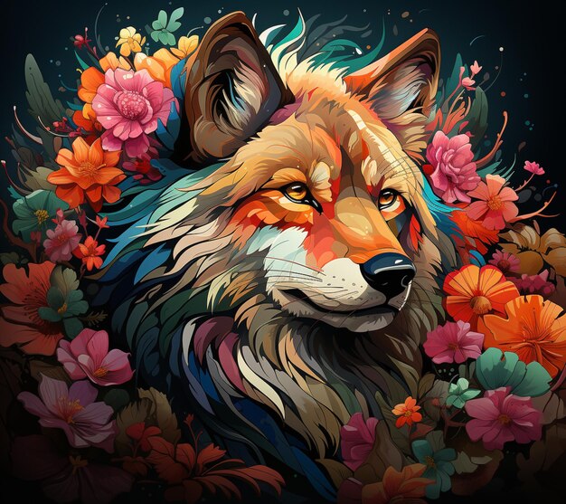 Há uma pintura de um lobo com flores nele.