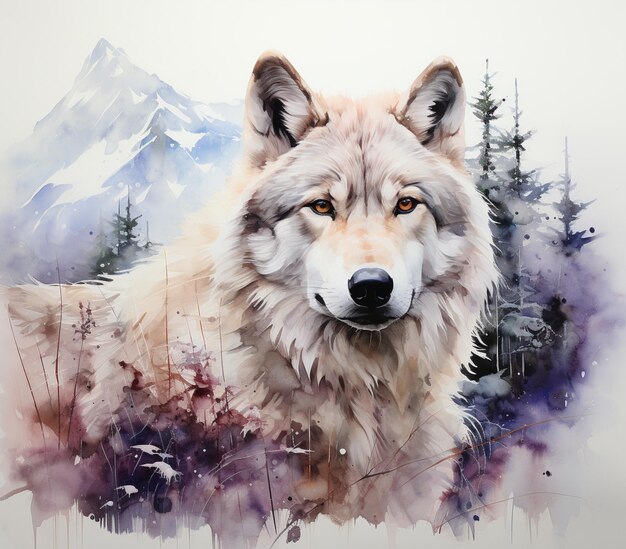 Há uma pintura de um lobo na natureza com montanhas ao fundo.