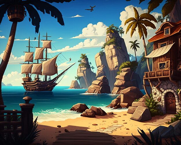 Foto há uma pintura de um navio pirata na praia generativa ai