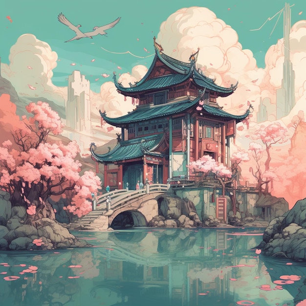 Há uma pintura de um pagode no meio de um lago generativo ai