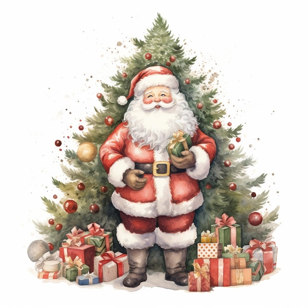 Há uma pintura de um Papai Noel de pé ao lado de uma árvore de Natal generativa ai
