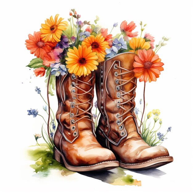 há uma pintura de um par de botas com flores ai generativa