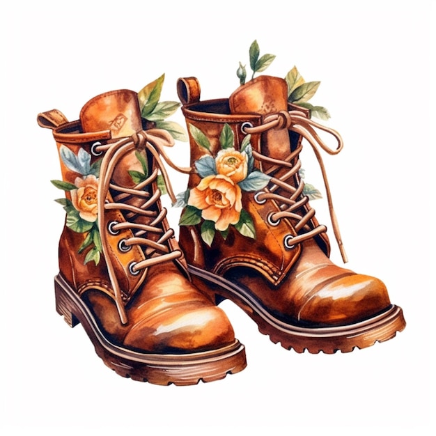 Há uma pintura de um par de botas com flores nelas generativas ai