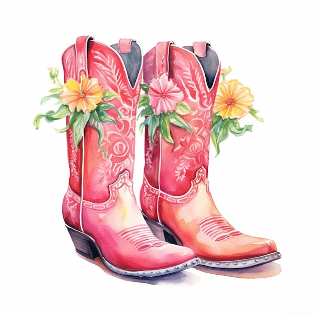 Há uma pintura de um par de botas com flores sobre elas.