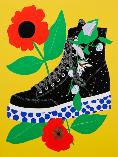 Foto há uma pintura de um par de sapatos com flores sobre eles.