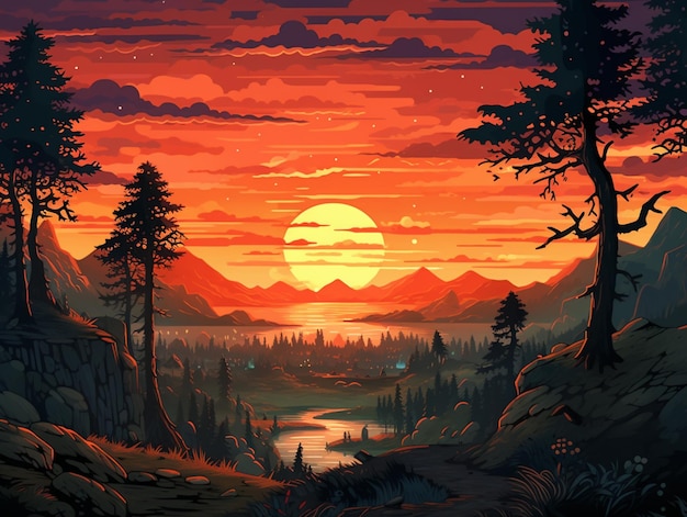 há uma pintura de um pôr do sol sobre uma montanha com árvores generativas ai