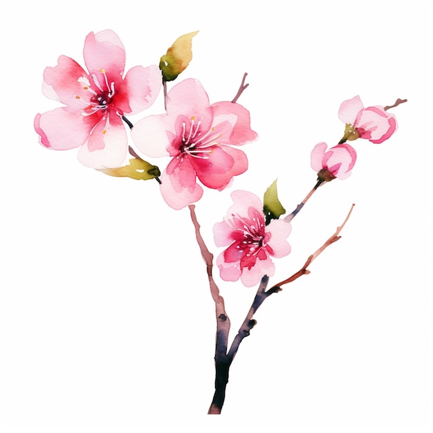 Há uma pintura de um ramo com flores cor-de-rosa nele.