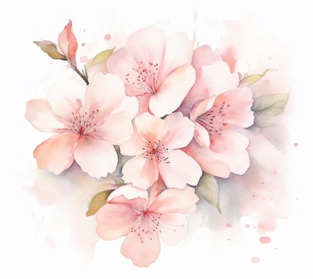 Há uma pintura de um ramo de flores cor de rosa em um fundo branco generativo ai