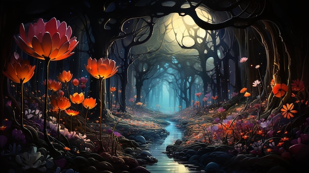 Foto há uma pintura de um riacho em uma floresta com flores generativas ai