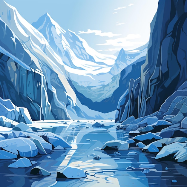 Foto há uma pintura de um rio de montanha no meio de uma montanha coberta de neve.