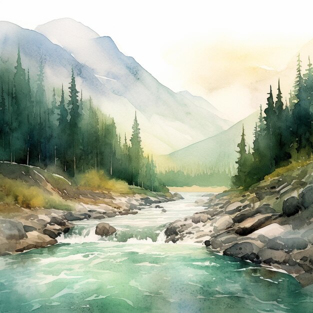 Foto há uma pintura de um rio que atravessa uma floresta generativa ai