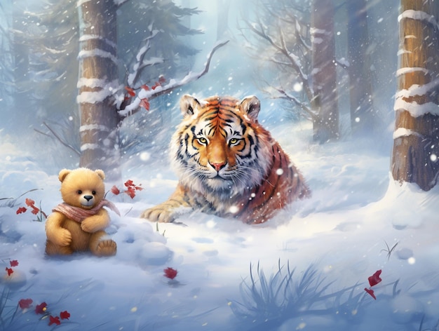 há uma pintura de um tigre e um ursinho de pelúcia na neve geradora de IA