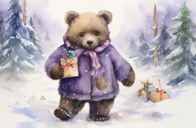 Há uma pintura de um urso com um casaco roxo segurando um presente generativo ai