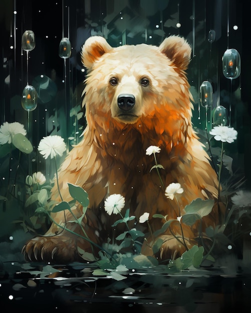 Há uma pintura de um urso sentado na grama generativa ai