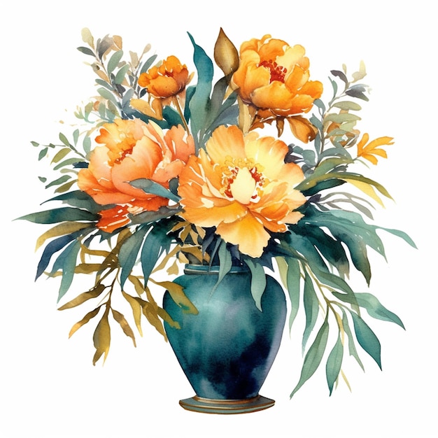 Há uma pintura de um vaso com flores nele.