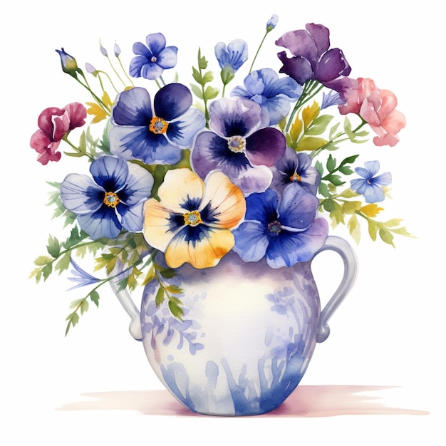 Há uma pintura de um vaso com flores nele.