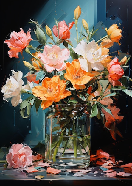 Há uma pintura de um vaso de flores em uma mesa generativa ai